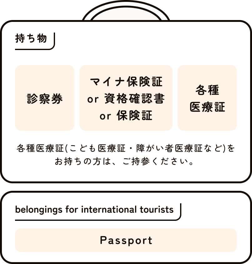 持ち物 診察券、保険証orマイナ保険証、医療証 医療証はこども医療証、障碍者医療証など。海外旅行中の方はパスポートが必要になります。