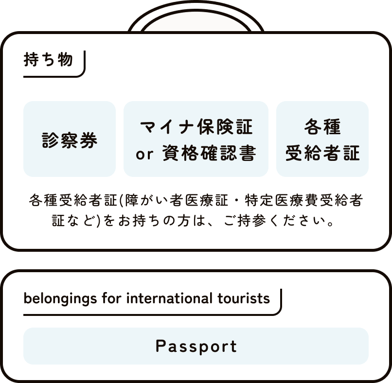 持ち物 診察券、保険証orマイナ保険証、医療証 医療証はこども医療証、障碍者医療証など。海外旅行中の方はパスポートが必要になります。