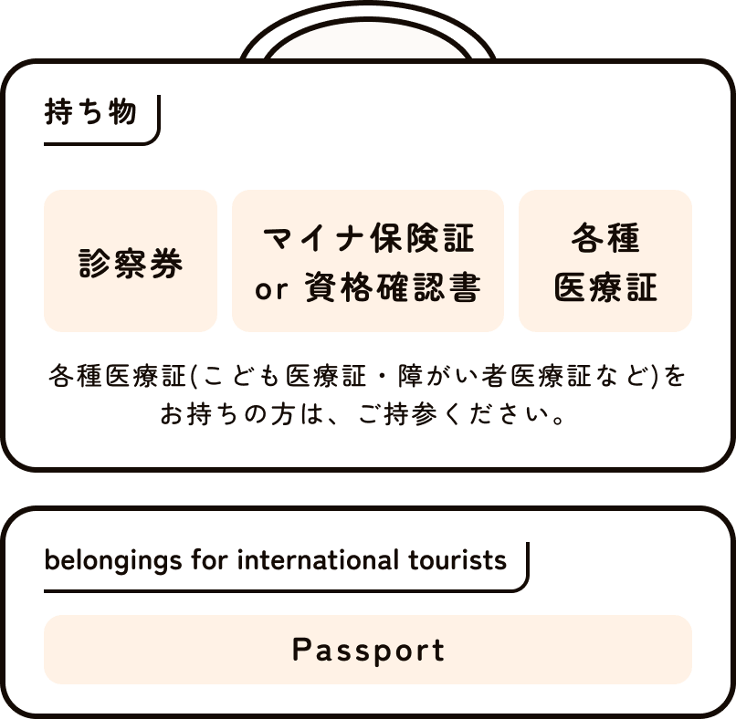 持ち物 診察券、マイナ保険証or資格確認書、医療証 医療証はこども医療証、障碍者医療証など。海外旅行中の方はパスポートが必要になります。